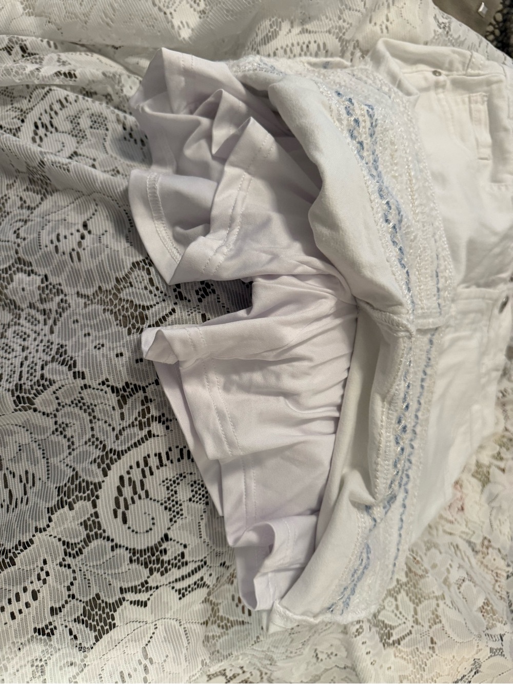 CHARLIE B White Denim Skirt with Lace Detail and Built in Shorts - Picture 4 of 5